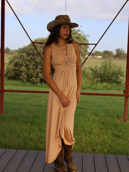 1970s Camel Slinky Knit Maxi Dress Beaded Boho Hippie Festival Gown