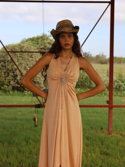 1970s Camel Slinky Knit Maxi Dress Beaded Boho Hippie Festival Gown