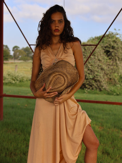 1970s Camel Slinky Knit Maxi Dress Beaded Boho Hippie Festival Gown