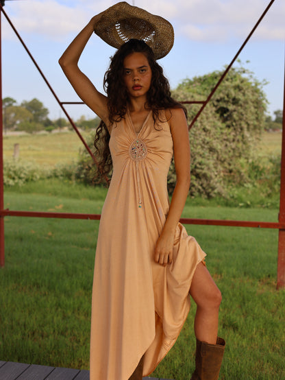 1970s Camel Slinky Knit Maxi Dress Beaded Boho Hippie Festival Gown