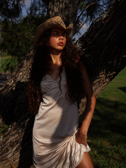 1990s Ivory Satin Slip Dress with Lace Trim