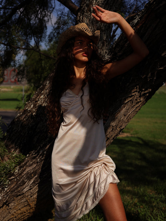 1990s Ivory Satin Slip Dress with Lace Trim