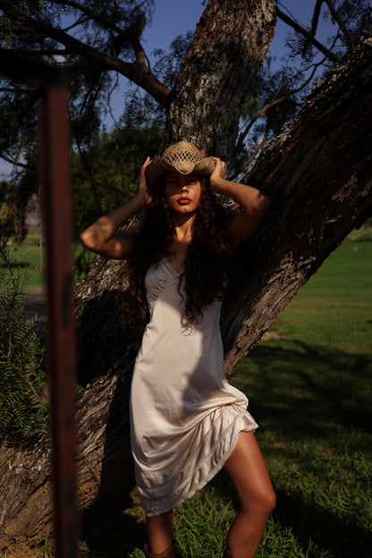 1990s Ivory Satin Slip Dress with Lace Trim