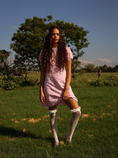 1960s Pink Floral Mod Mini Dress Puff Sleeve Babydoll GoGo Barbiecore