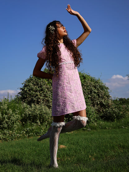 1960s Pink Floral Mod Mini Dress Puff Sleeve Babydoll GoGo Barbiecore