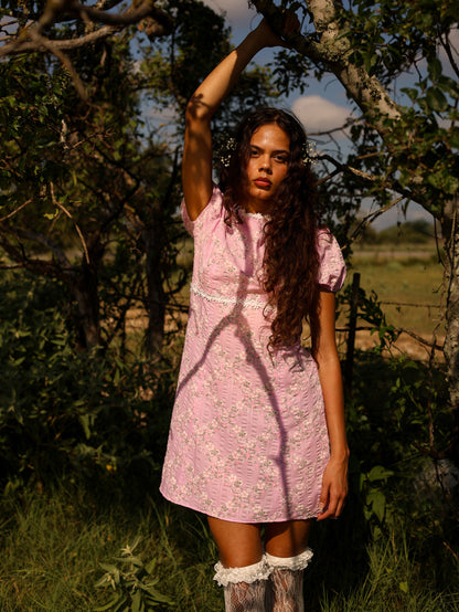 1960s Pink Floral Mod Mini Dress Puff Sleeve Babydoll GoGo Barbiecore