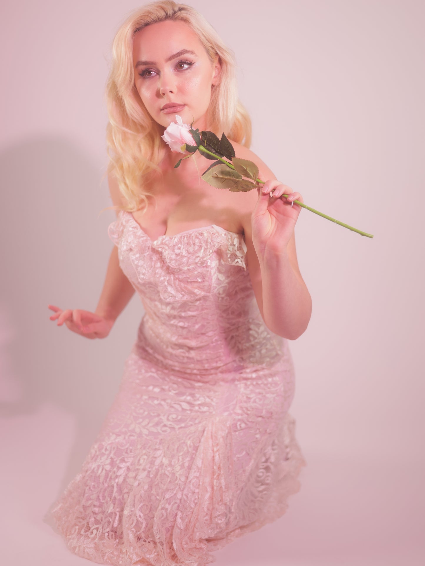1980s Blush Pink Lace Off Shoulder Cocktail Dress