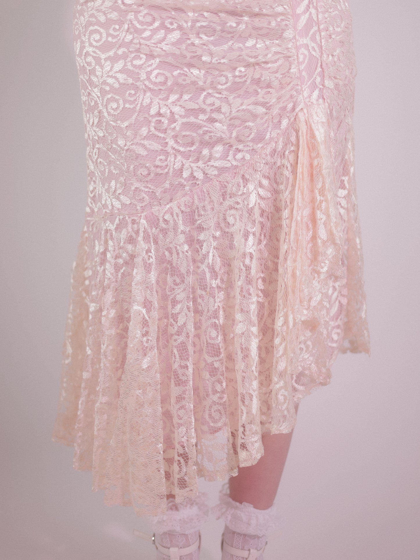 1980s Blush Pink Lace Off Shoulder Cocktail Dress