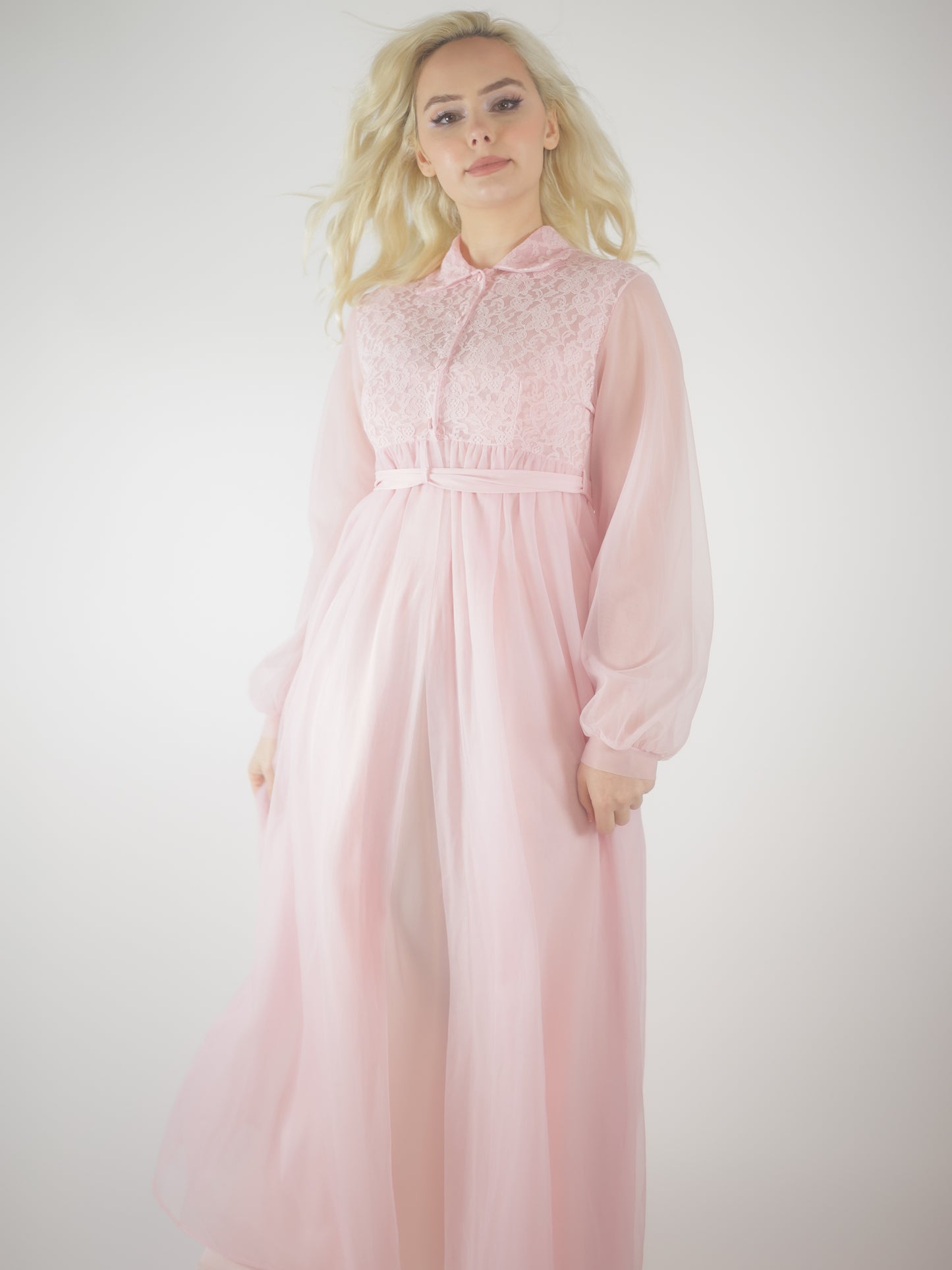 1970s Pink Lace Peignoir Gown Sheer Chiffon Romantic Vintage Nightgown