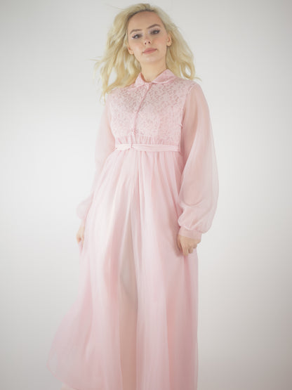 1970s Pink Lace Peignoir Gown Sheer Chiffon Romantic Vintage Nightgown