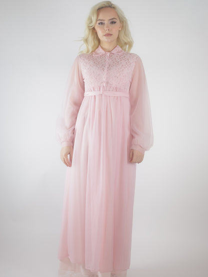1970s Pink Lace Peignoir Gown Sheer Chiffon Romantic Vintage Nightgown
