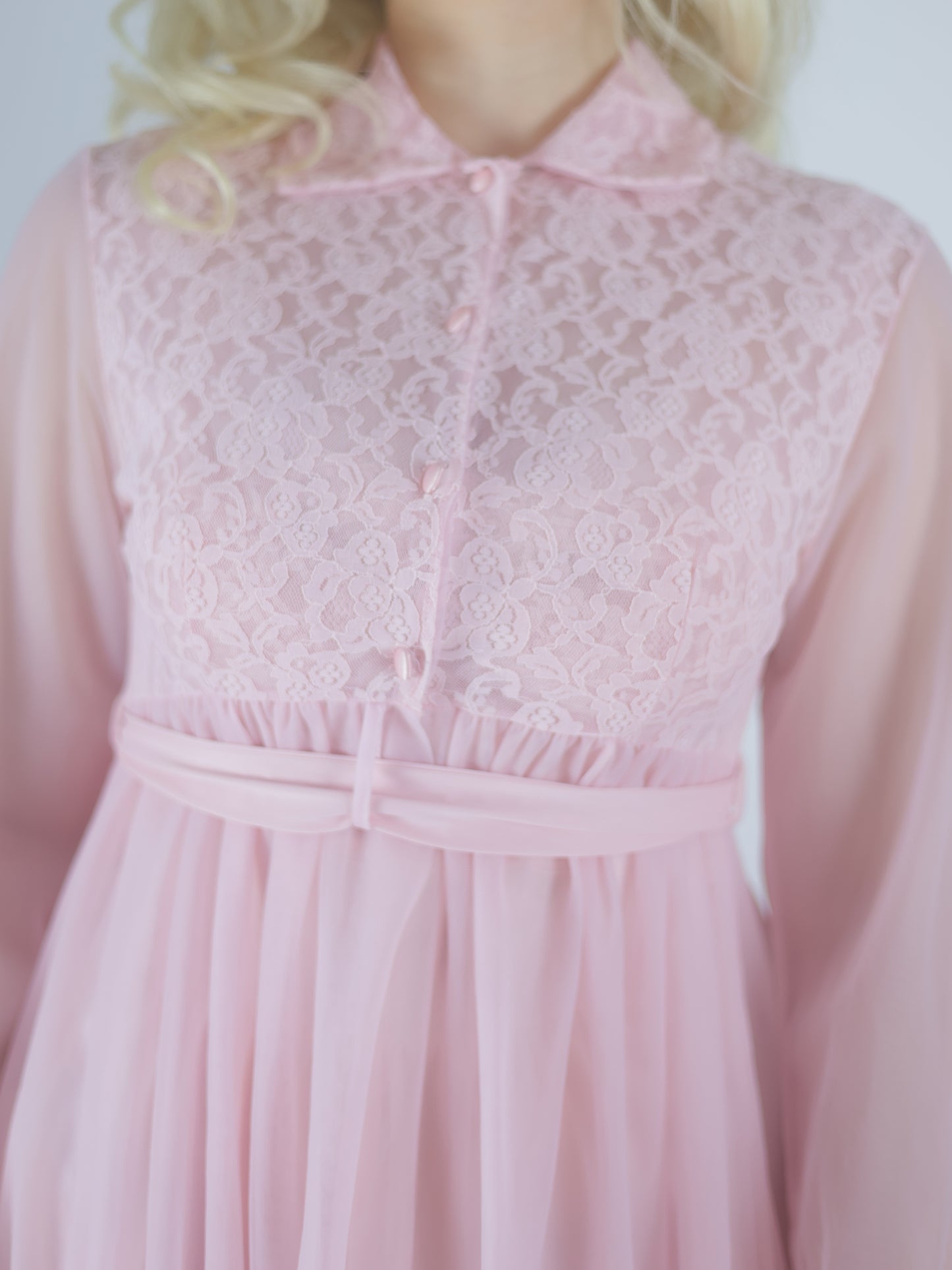 1970s Pink Lace Peignoir Gown Sheer Chiffon Romantic Vintage Nightgown