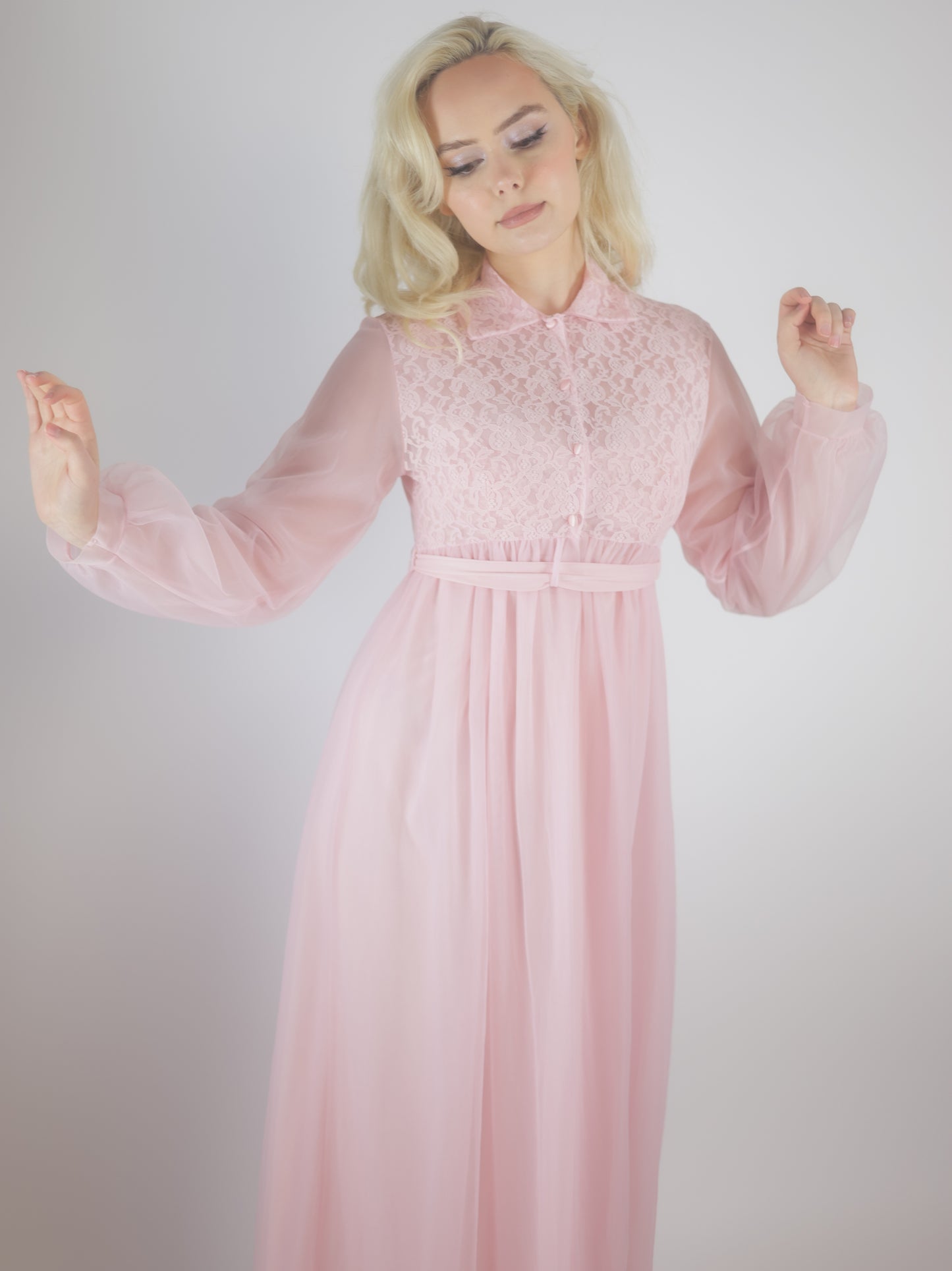 1970s Pink Lace Peignoir Gown Sheer Chiffon Romantic Vintage Nightgown
