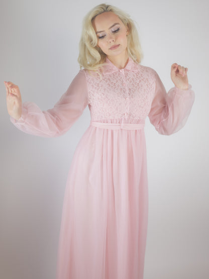 1970s Pink Lace Peignoir Gown Sheer Chiffon Romantic Vintage Nightgown