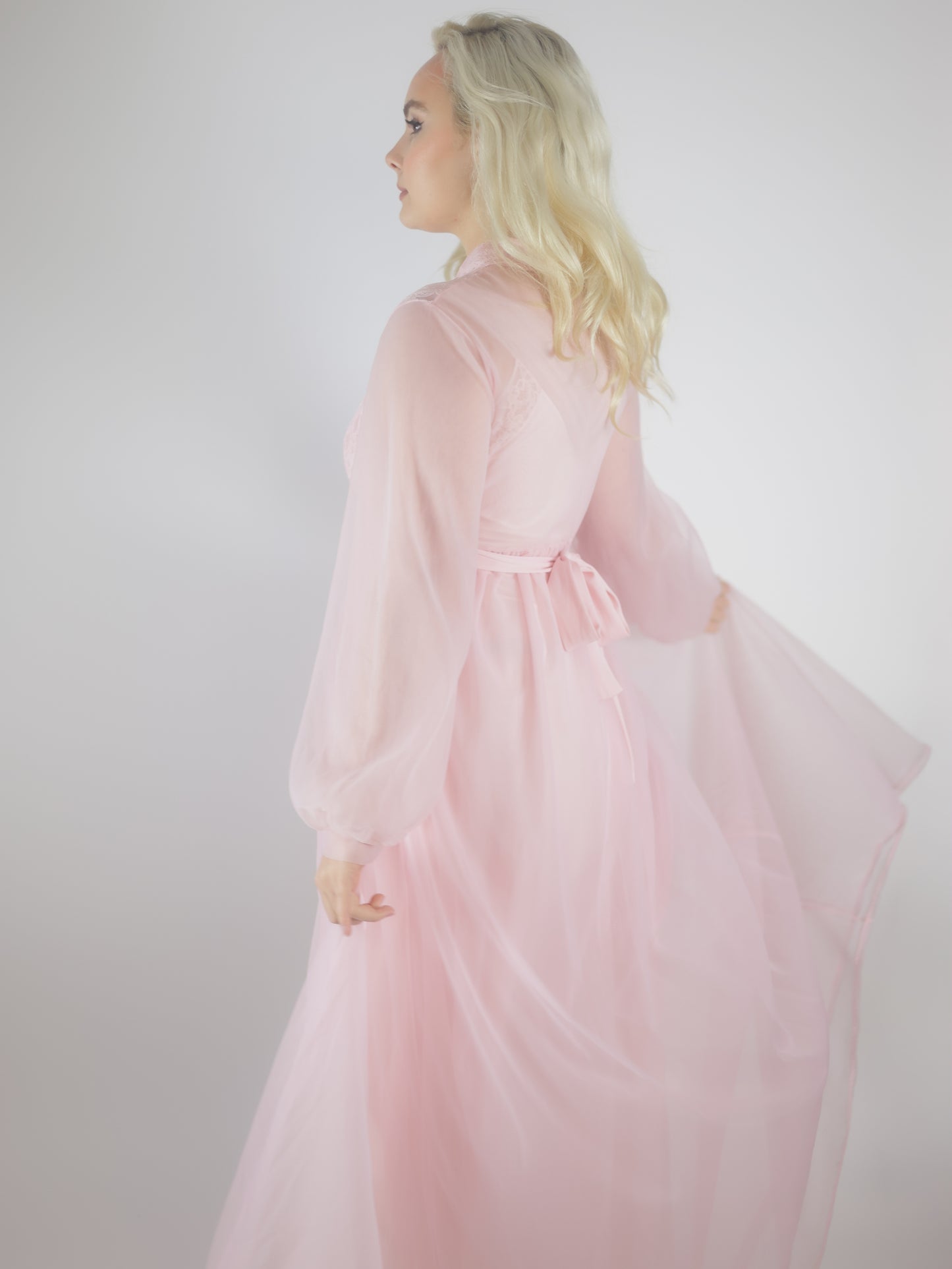 1970s Pink Lace Peignoir Gown Sheer Chiffon Romantic Vintage Nightgown