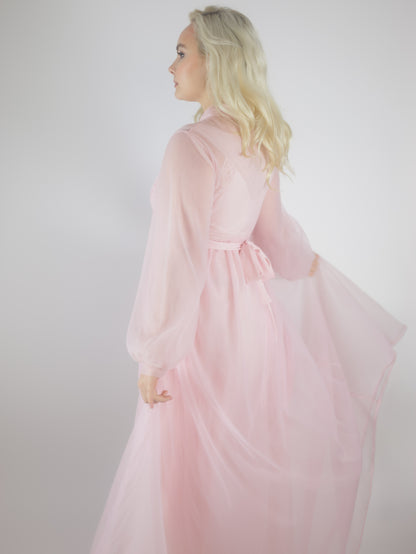 1970s Pink Lace Peignoir Gown Sheer Chiffon Romantic Vintage Nightgown