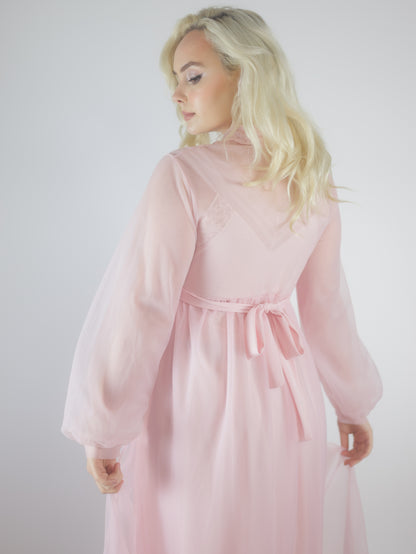 1970s Pink Lace Peignoir Gown Sheer Chiffon Romantic Vintage Nightgown