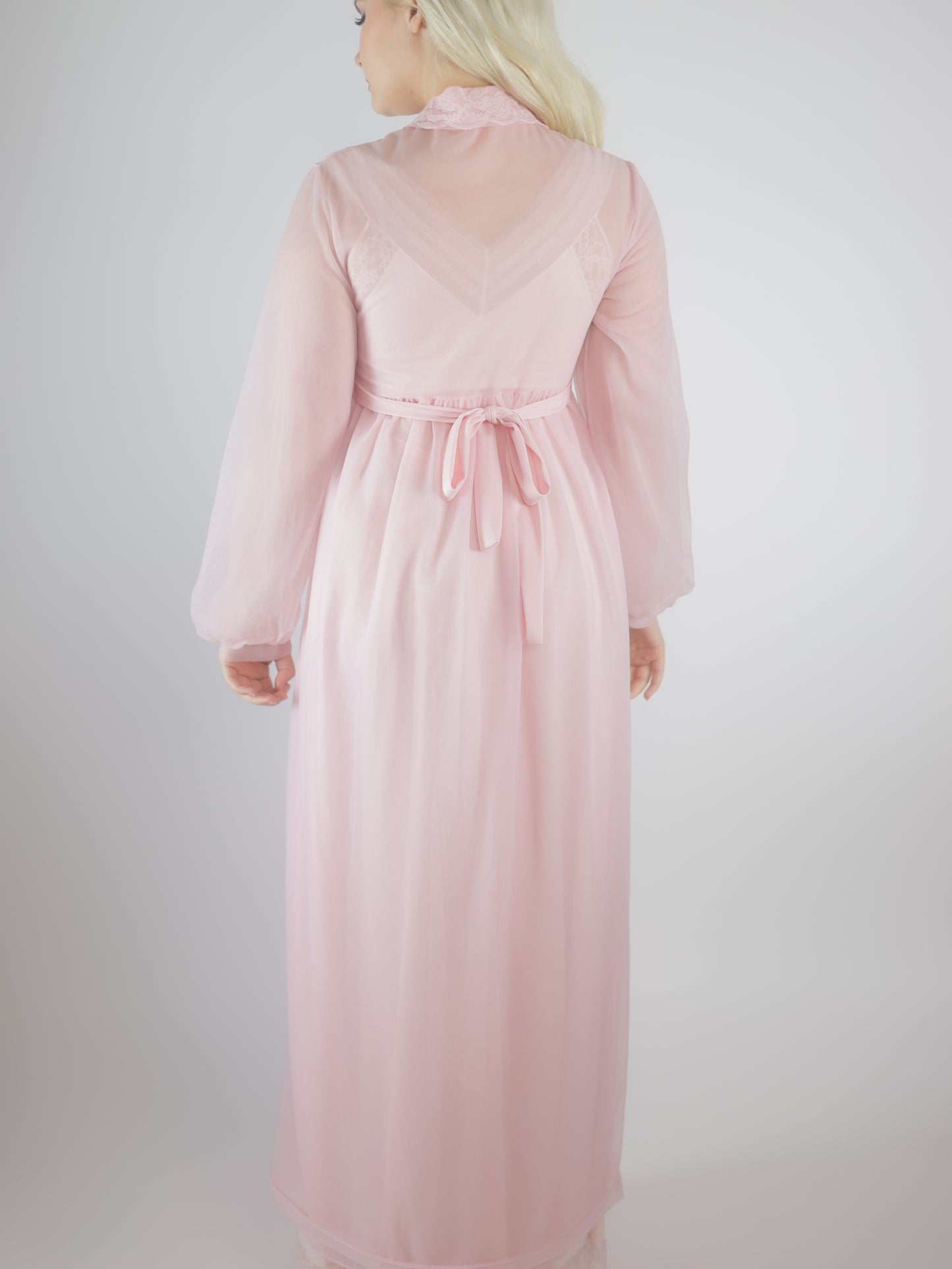 1970s Pink Lace Peignoir Gown Sheer Chiffon Romantic Vintage Nightgown