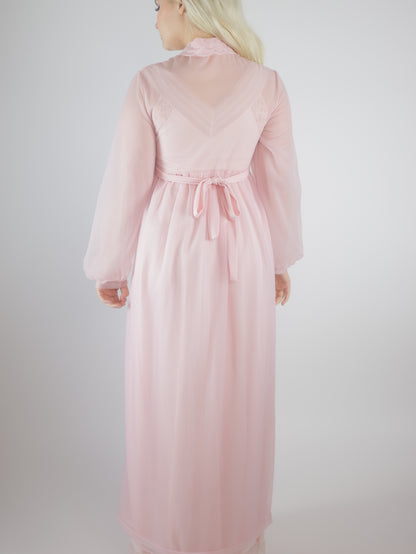 1970s Pink Lace Peignoir Gown Sheer Chiffon Romantic Vintage Nightgown