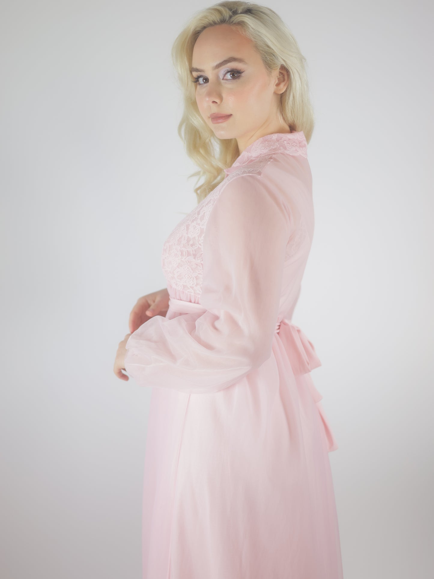 1970s Pink Lace Peignoir Gown Sheer Chiffon Romantic Vintage Nightgown