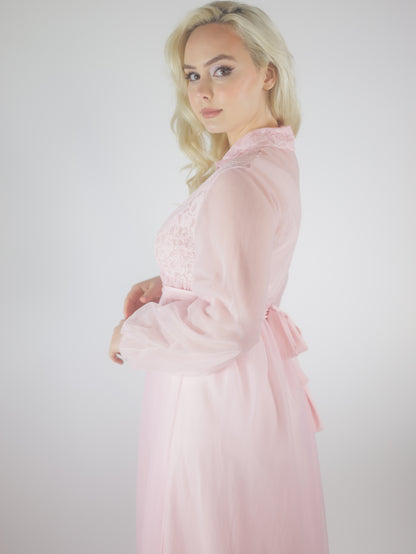 1970s Pink Lace Peignoir Gown Sheer Chiffon Romantic Vintage Nightgown
