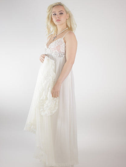 Vintage 1970s Bridal Peignoir Set in Sheer Chiffon and Lace with Removable Robe