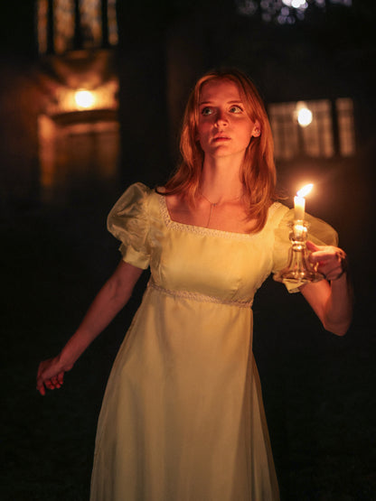 1960s Sylvia Ann Yellow Puff Sleeve Ruffle Hem Dress