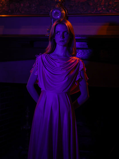 1970s Blush Rose Draped Grecian Gown | Capelet Bodice Flowing Maxi Dress