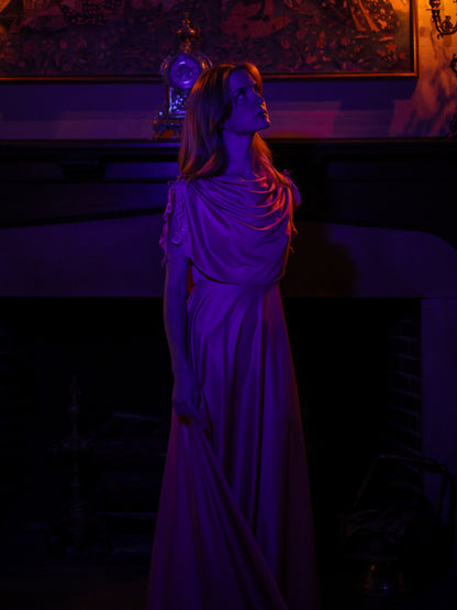 1970s Blush Rose Draped Grecian Gown | Capelet Bodice Flowing Maxi Dress