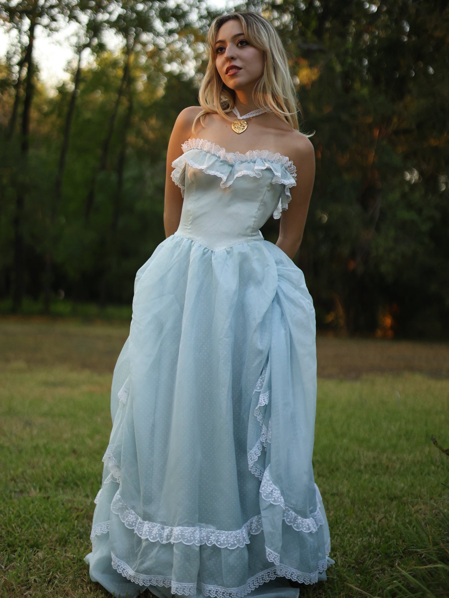 Gunne Sax Blue Swiss Dot Southern Belle Gown | Ruffle Lace Off-Shoulder Vintage Dress