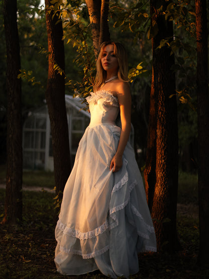 Gunne Sax Blue Swiss Dot Southern Belle Gown | Ruffle Lace Off-Shoulder Vintage Dress