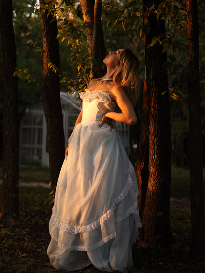Gunne Sax Blue Swiss Dot Southern Belle Gown | Ruffle Lace Off-Shoulder Vintage Dress
