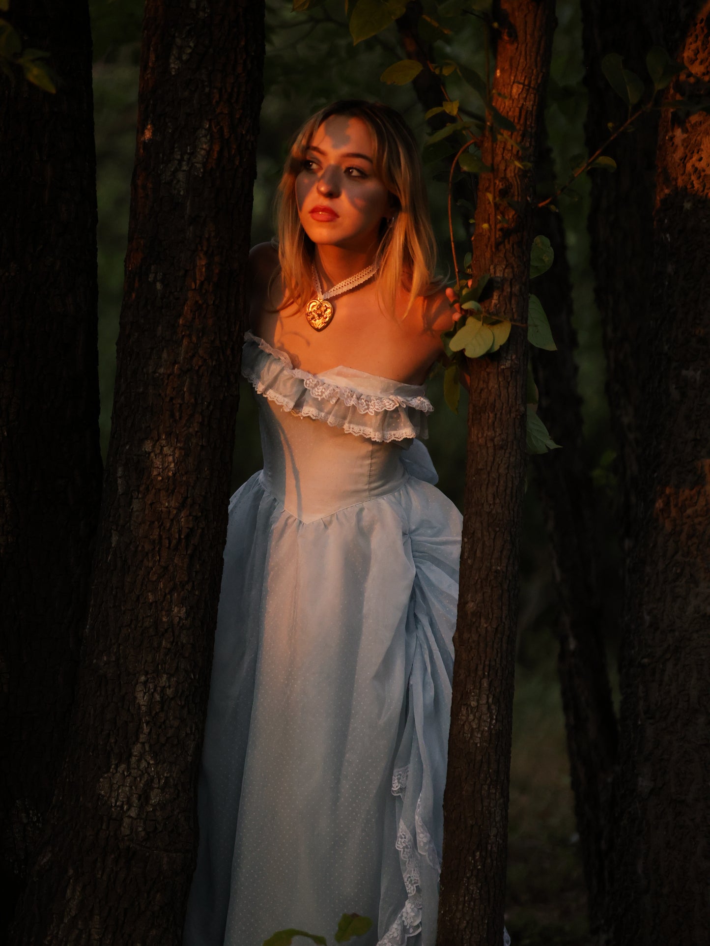 Gunne Sax Blue Swiss Dot Southern Belle Gown | Ruffle Lace Off-Shoulder Vintage Dress