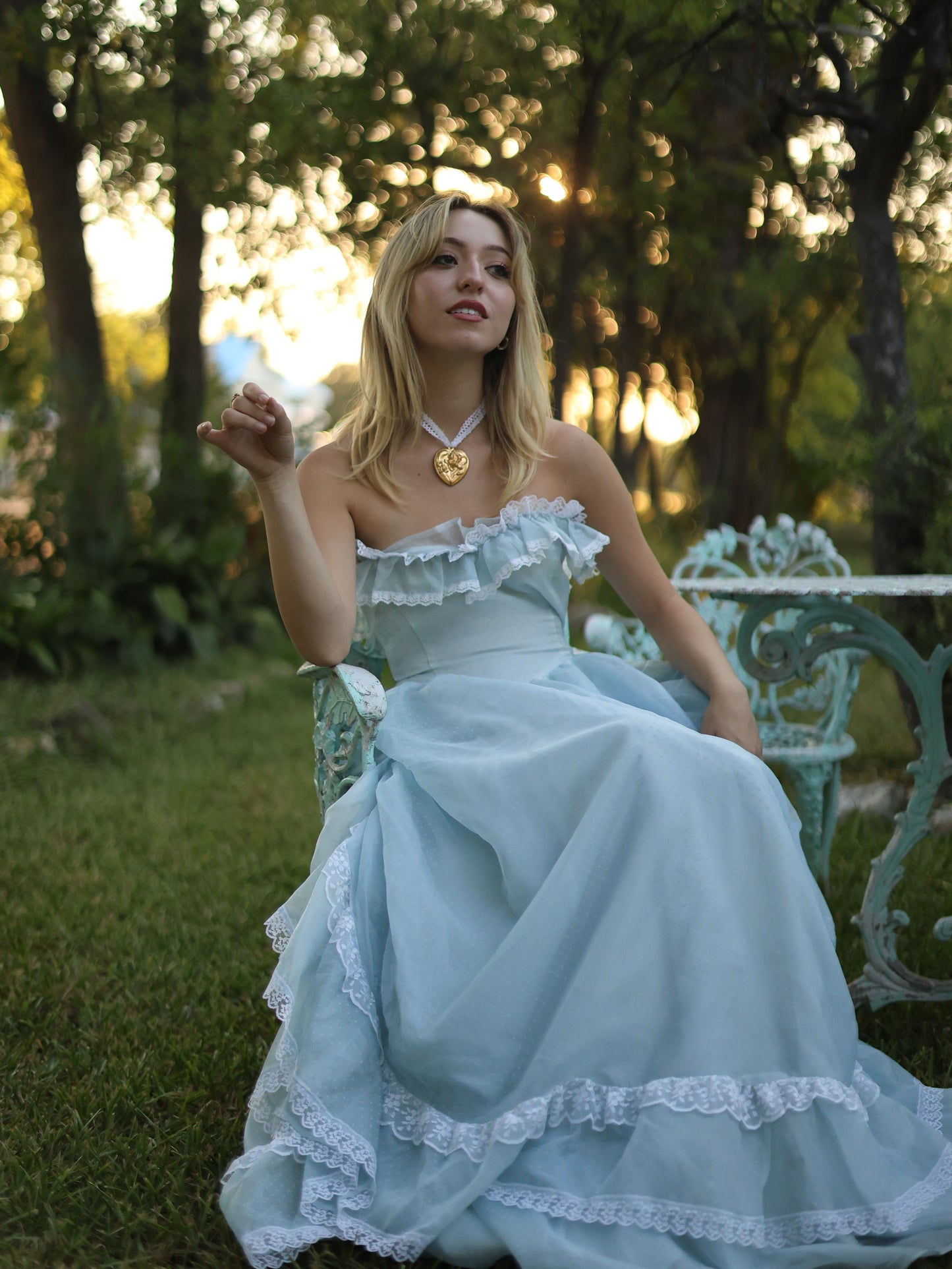 Gunne Sax Blue Swiss Dot Southern Belle Gown | Ruffle Lace Off-Shoulder Vintage Dress