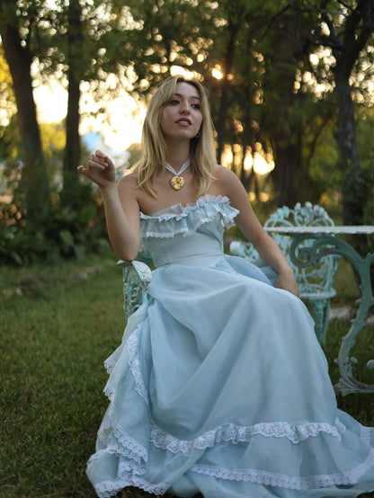 Gunne Sax Blue Swiss Dot Southern Belle Gown | Ruffle Lace Off-Shoulder Vintage Dress