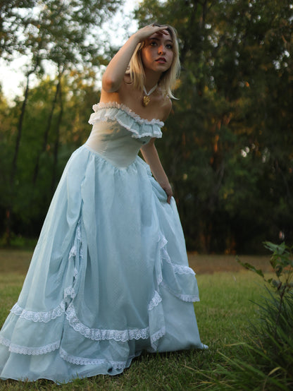 Gunne Sax Blue Swiss Dot Southern Belle Gown | Ruffle Lace Off-Shoulder Vintage Dress