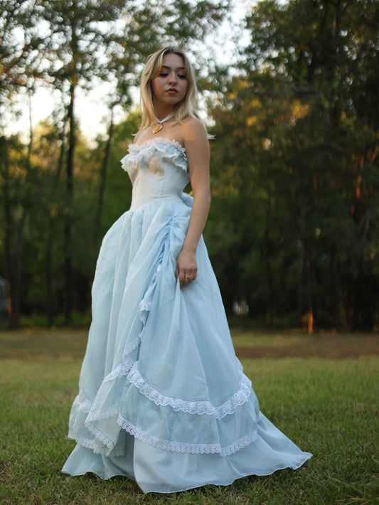 Gunne Sax Blue Swiss Dot Southern Belle Gown | Ruffle Lace Off-Shoulder Vintage Dress