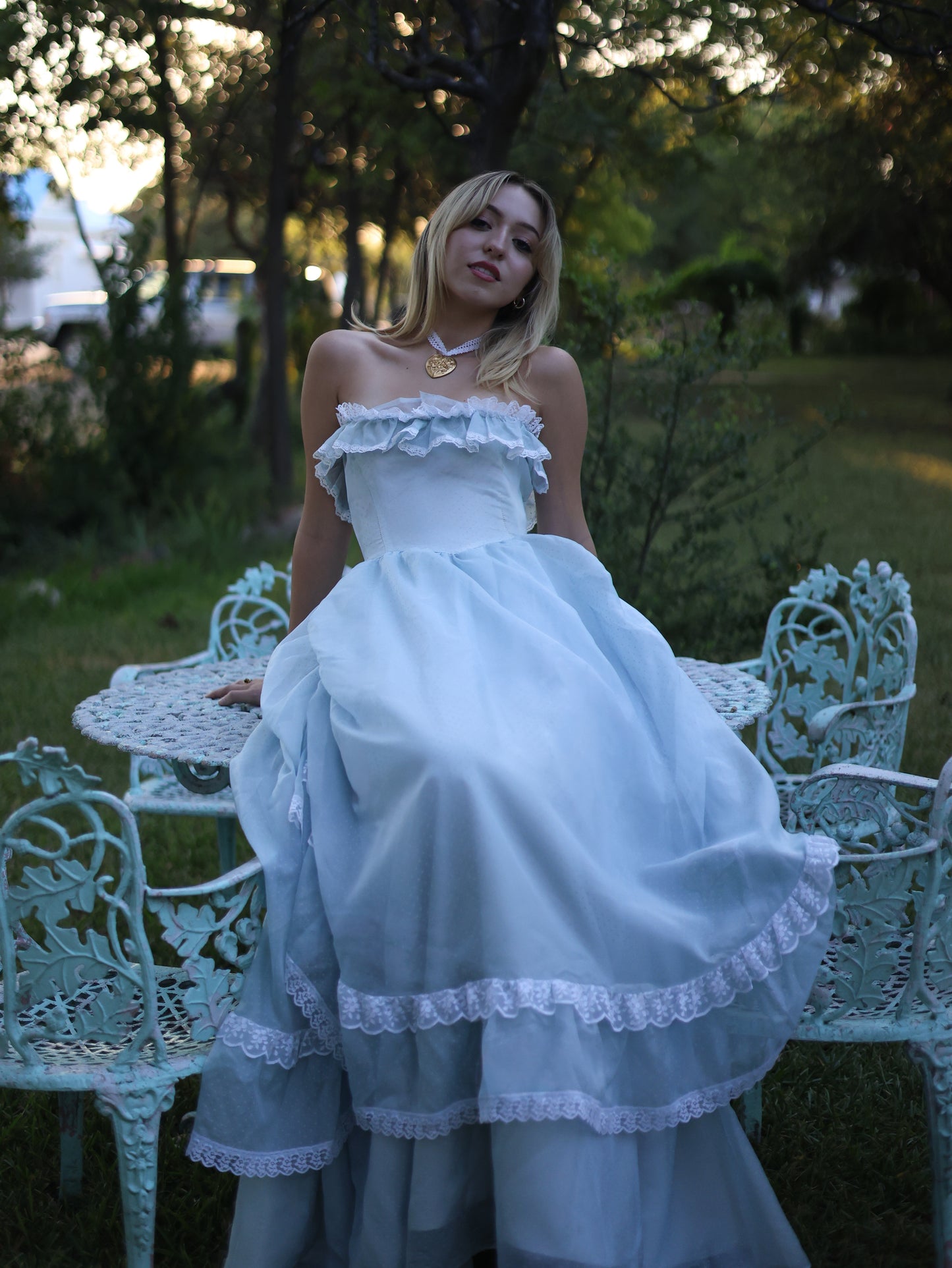 Gunne Sax Blue Swiss Dot Southern Belle Gown | Ruffle Lace Off-Shoulder Vintage Dress