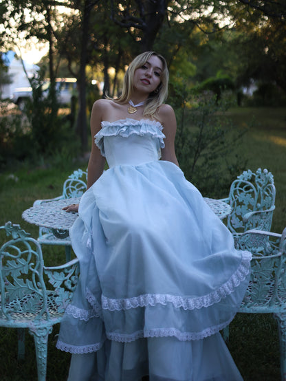 Gunne Sax Blue Swiss Dot Southern Belle Gown | Ruffle Lace Off-Shoulder Vintage Dress