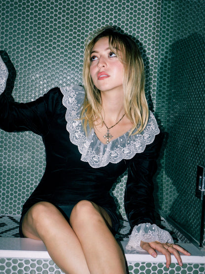 1980s Black Velvet Mini Dress with Lace Collar and Cuffs