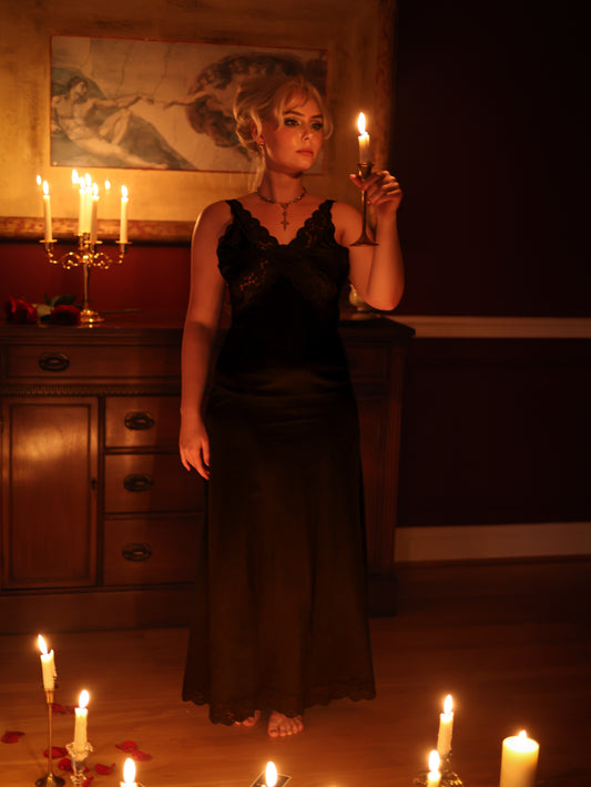 Vintage Aristocrat Black Lace Slip Dress Gothic Nightgown