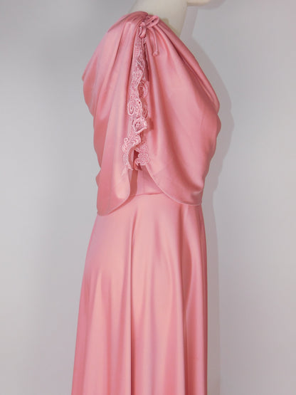 1970s Blush Rose Draped Grecian Gown | Capelet Bodice Flowing Maxi Dress