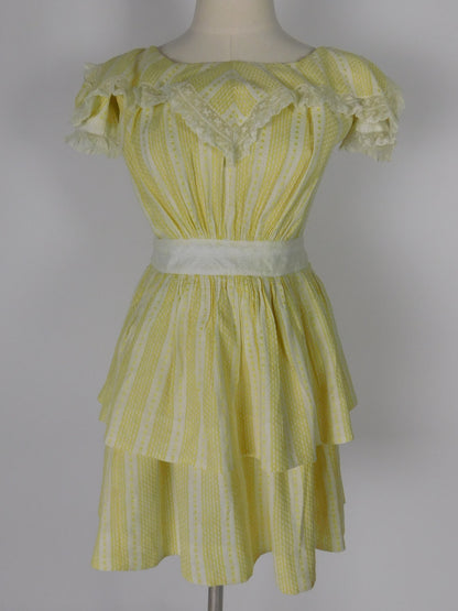 1970s Linen Prairie Revival Dress Edwardian Inspired Yellow Lace Ruffle Puff Sleeve