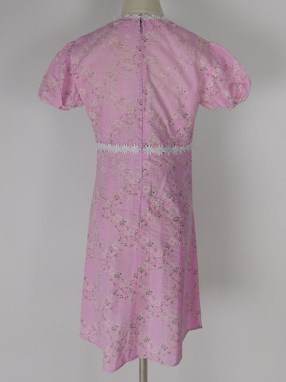 1960s Pink Floral Mod Mini Dress Puff Sleeve Babydoll GoGo Barbiecore