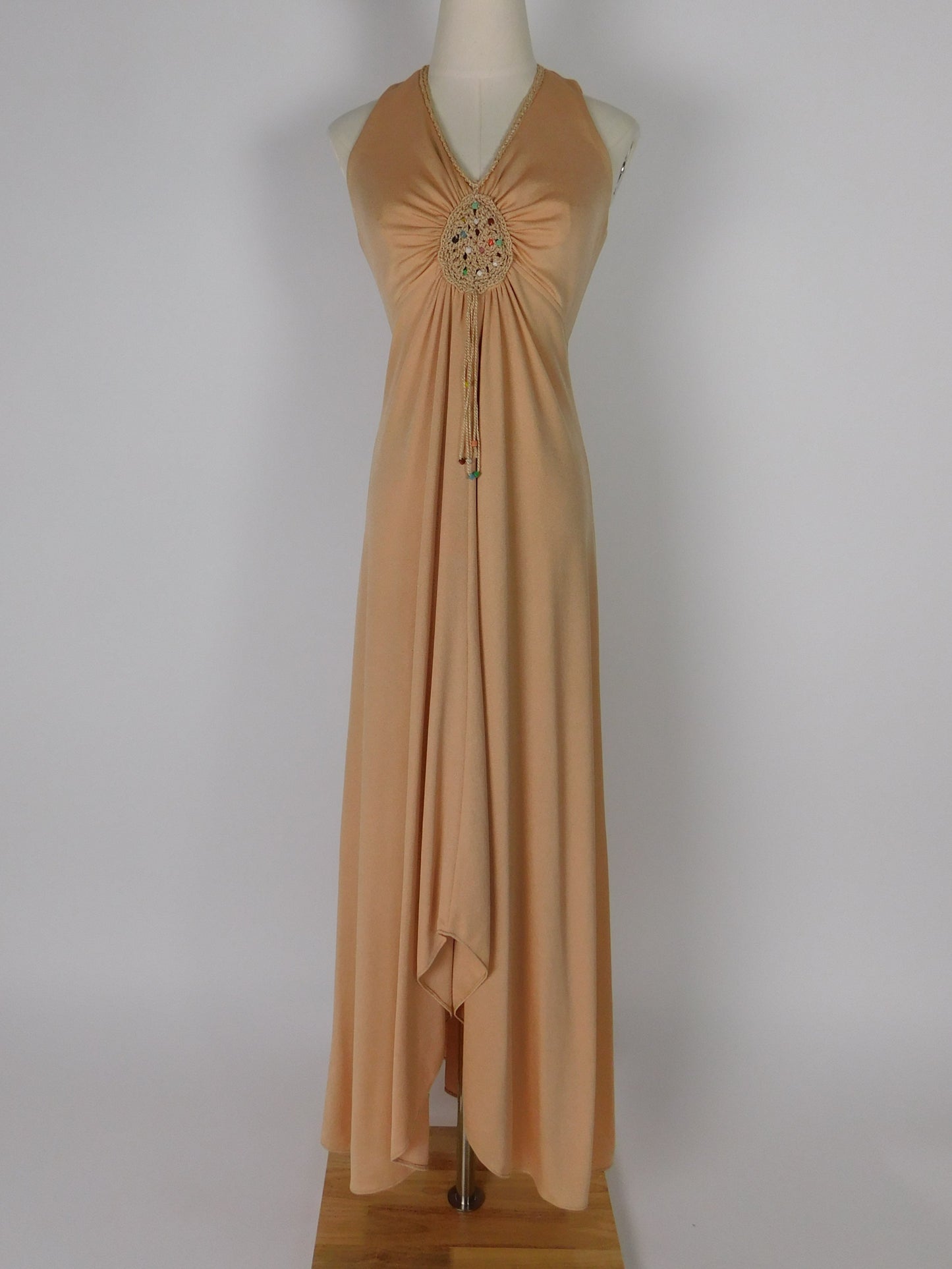 1970s Camel Slinky Knit Maxi Dress Beaded Boho Hippie Festival Gown