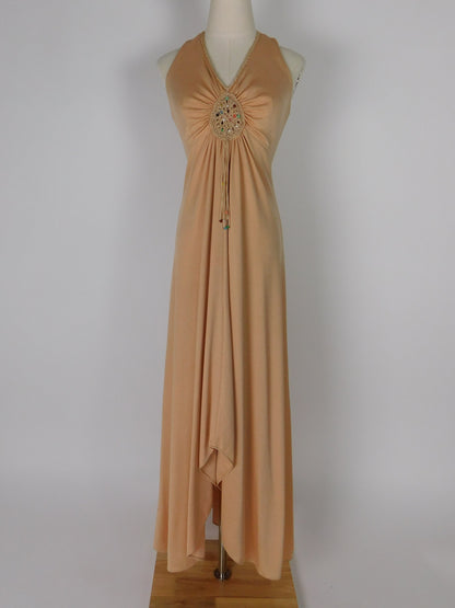 1970s Camel Slinky Knit Maxi Dress Beaded Boho Hippie Festival Gown