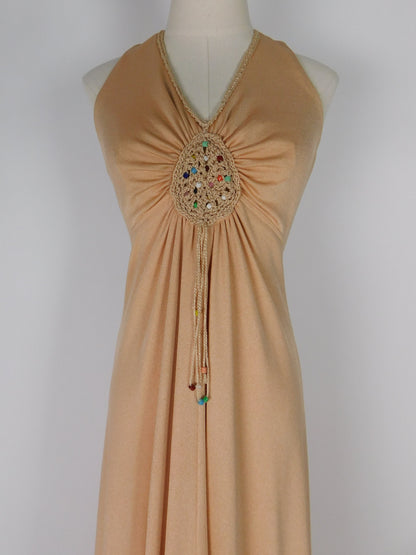 1970s Camel Slinky Knit Maxi Dress Beaded Boho Hippie Festival Gown