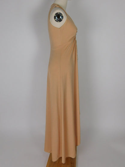 1970s Camel Slinky Knit Maxi Dress Beaded Boho Hippie Festival Gown