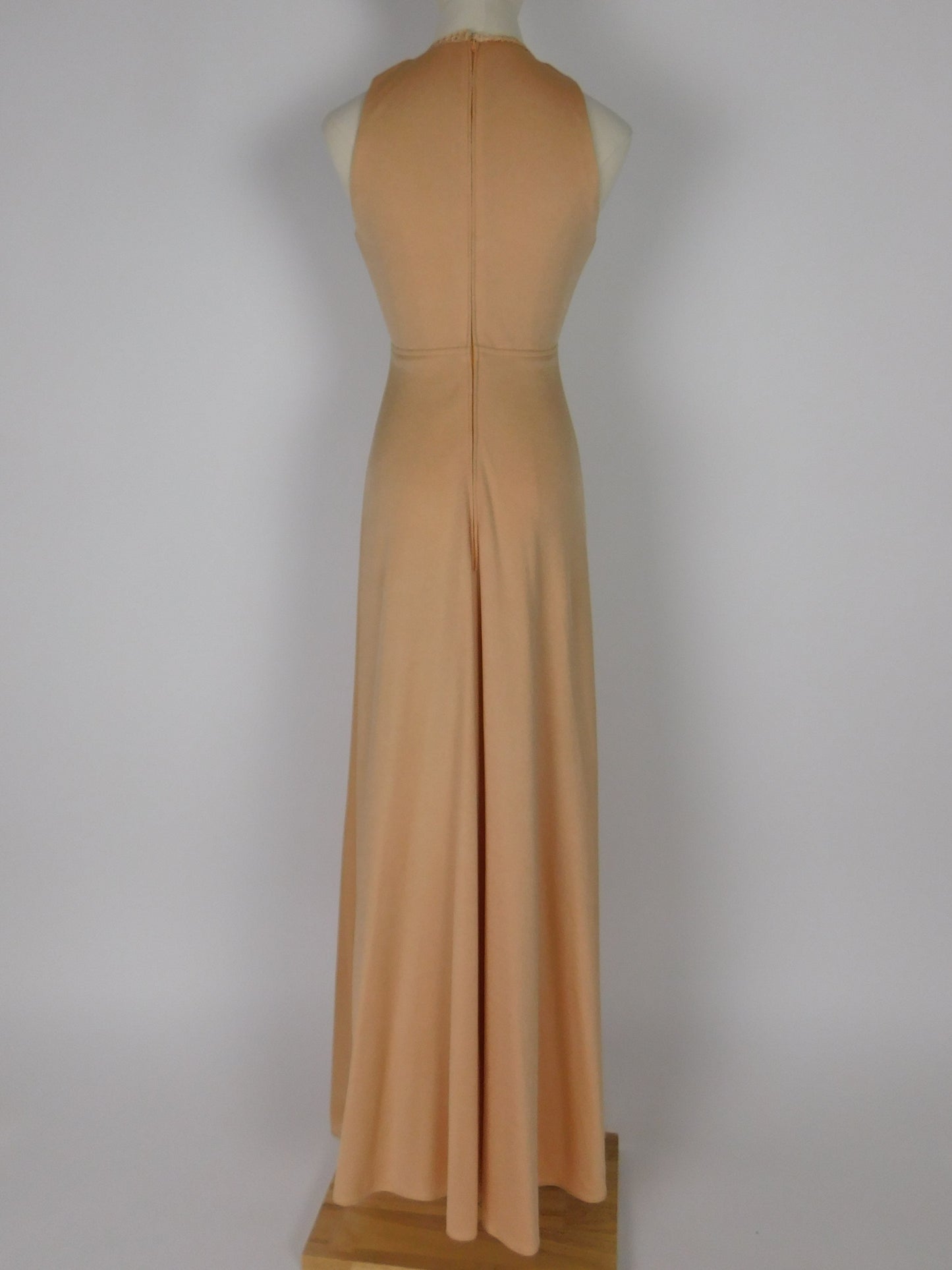 1970s Camel Slinky Knit Maxi Dress Beaded Boho Hippie Festival Gown