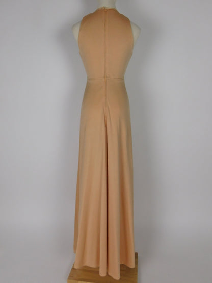 1970s Camel Slinky Knit Maxi Dress Beaded Boho Hippie Festival Gown